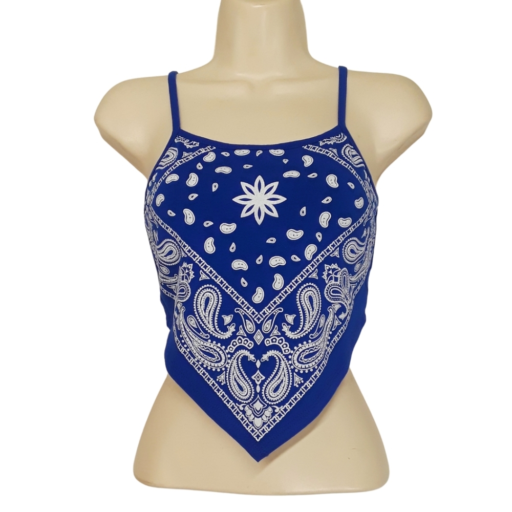 NEW Design by Olivia Blue White Bandana Print Top